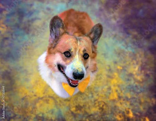 festive adorable corgi dog sitting wildebeest multi-colored from scattered pa...