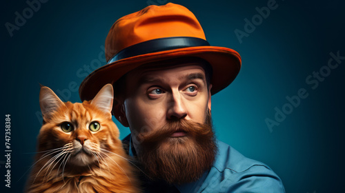 A large beautiful red Maine Coon cat next to a fancy man with a red beard and an orange hat