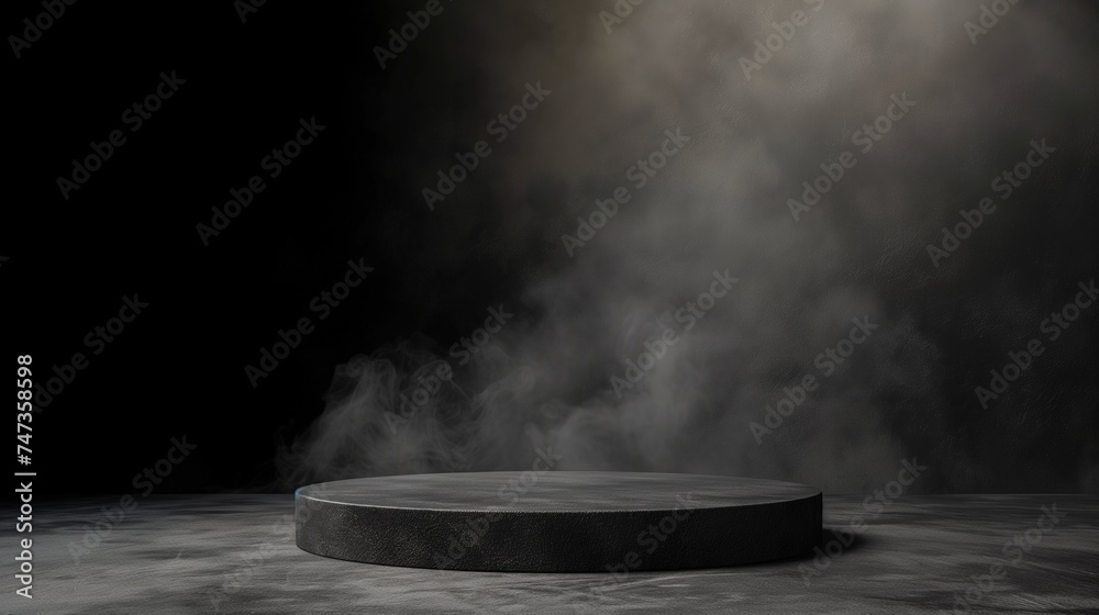 Podium or pedestal with smoke in the dark concrete floor grunge texture background, Gray textured concrete platform, light, fog, asphalt, copy space, generative ai