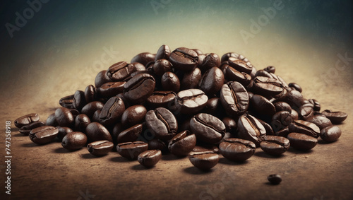 A pile of freshly roasted coffee beans spilled onto a textured background. Coffee beans are dark in color, shiny, with visible details and texture