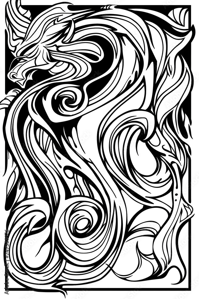 Majestic Black and White Drawing of a Dragon, coloring page Majestic Black and White Drawing of a Dragon, coloring page