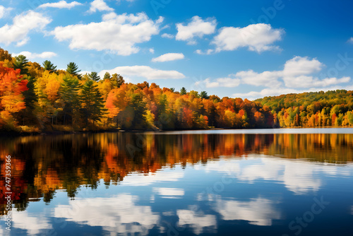 Autumn's Resplendent Beauty: Serene Lake Surrounded by Lush Forest Painted in Fall Colors © Minnie