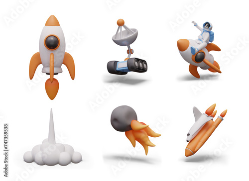 Rocket launch, rover, comet with fiery tail, shuttle landing, astronaut flying on rocket