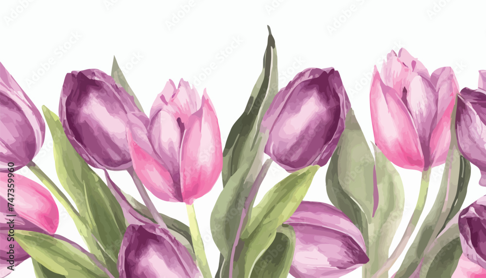 Obraz premium Tulips. Spring flowers. Watercolor elegant bright illustration of floral seamless pattern, frame, border, leaves, logo for abstract greeting card, wedding invitation or background