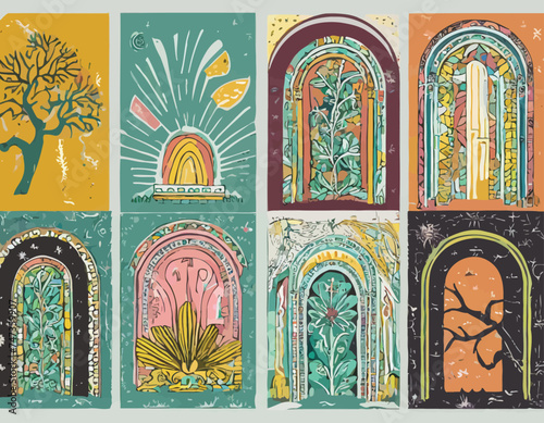 Set of vintage tarot hippie styled posters with surreal abstract arch doorways and architecture for wall art decoration print or cards or music album covers. Vector illustration
