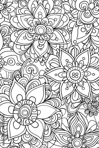 Black and White Floral Pattern With Abundant Flowers, coloring page