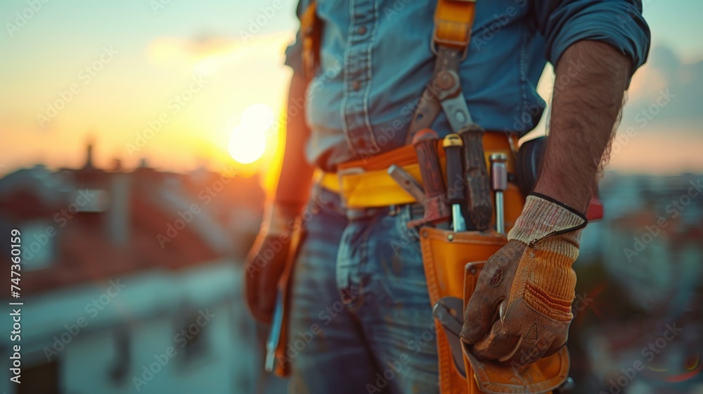 Close-up of a construction worker's tool belt with the sun setting over a cityscape in the background.