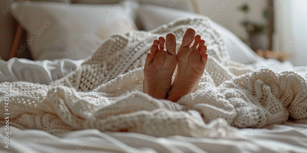 Feet under a white blanket, in bed, in a comfortable apartment, concept of Cozy atmosphere Feet under a white blanket, in bed, in a comfortable apartment, concept of Cozy atmosphere