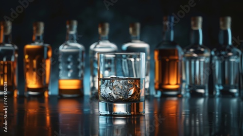 An elegant whiskey glass with ice is the centerpiece among various whiskey bottles on a dark, atmospheric background © AiHRG Design