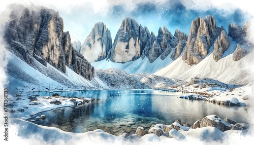 Watercolor of Alpine Lake Surrounded by Rocky Cliffs in Winter
