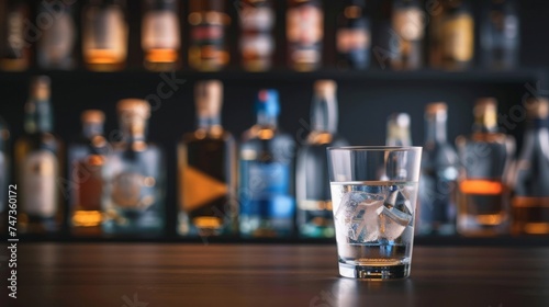 A sophisticated close-up of a glass of whiskey with ice cubes on a bar counter surrounded by a blurred background of liquor bottles © AiHRG Design