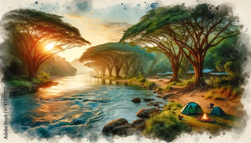 Watercolor of Camping on a Tree-Lined River Bank in Thailand