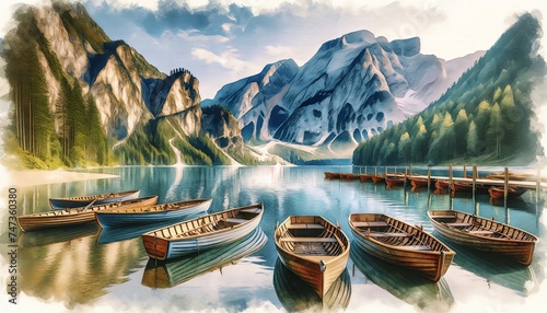 Watercolor of Rowboats Moored in a Lake Against a Mountain Range photo