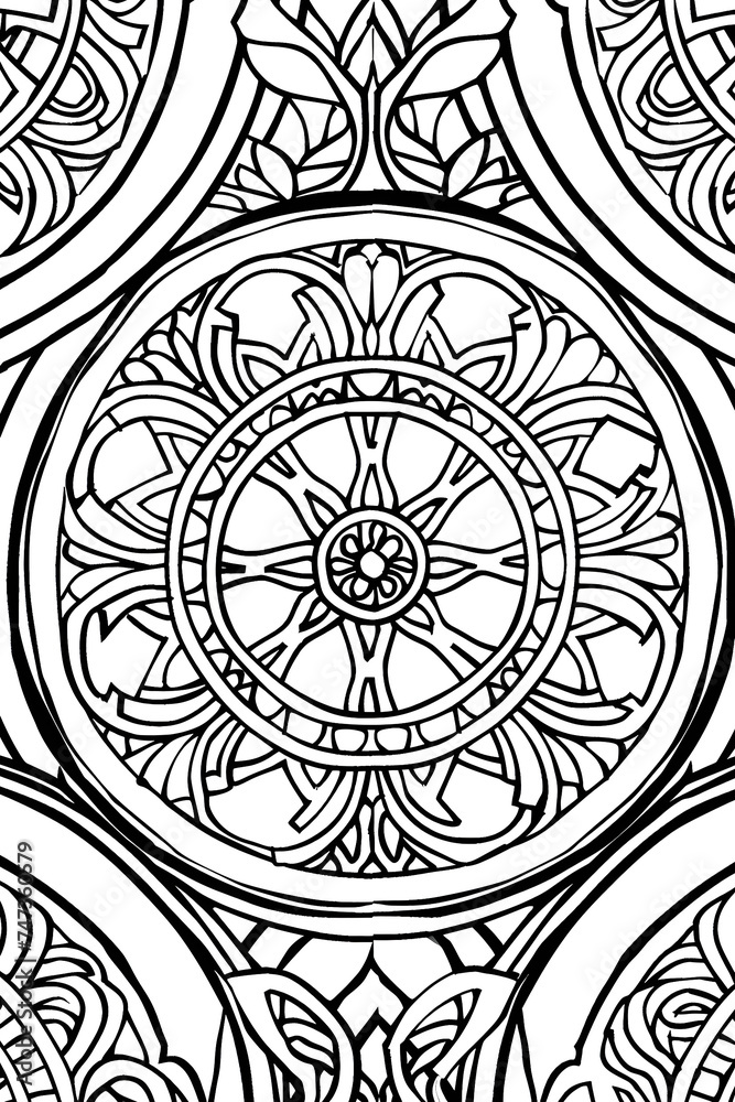 Intricate Circular Design in Black and White, coloring page