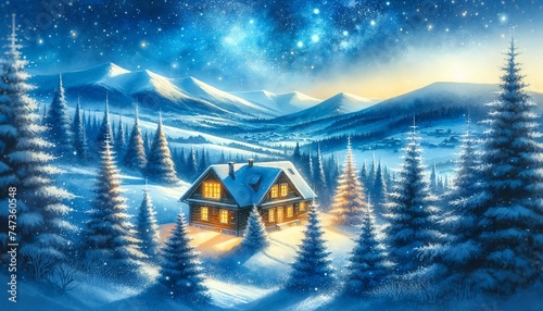 Watercolor of Beautiful Snowy Cabin in the Winter Mountains Under a Tarry Night Sky