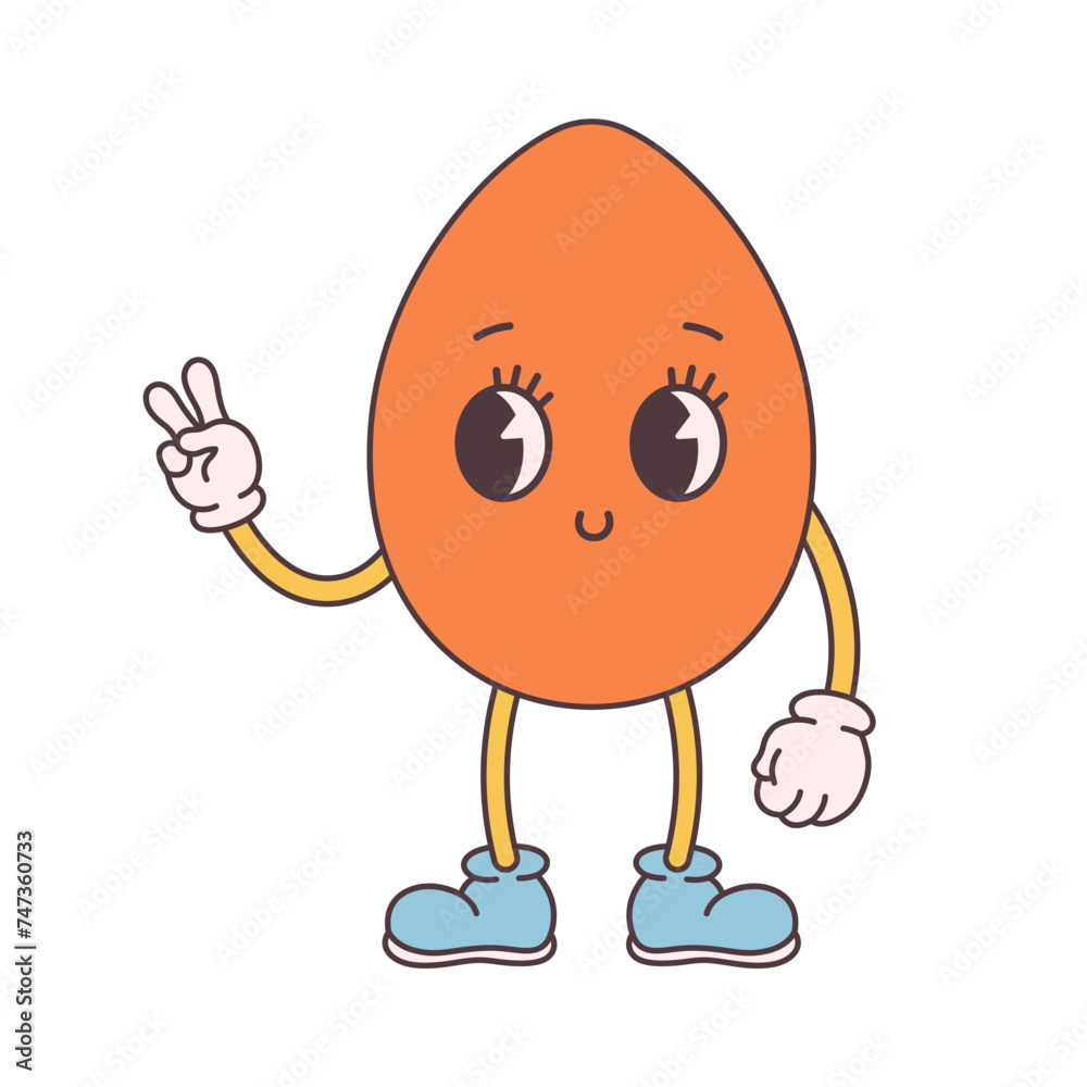 Trendy retro cartoon Easter egg character. Groovy style, vintage. Happy Easter. Vector illustration in flat style Trendy retro cartoon Easter egg character. Groovy style, vintage. Happy Easter. Vector illustration in flat style