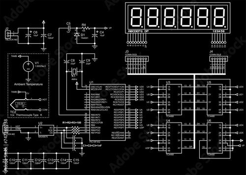 Vector electrical schematic principal diagram
of a temperature measuring device operating under the control of 
a microcontroller.
