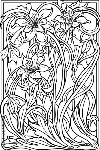 Black and White Drawing of Flowers, coloring page photo