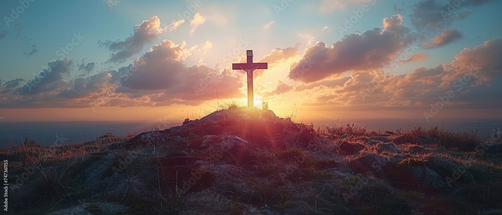 Calvary And Resurrection Concept - Cross With Robe And Crown Of Thorns On Hill At Sunset - obrazy, fototapety, plakaty 