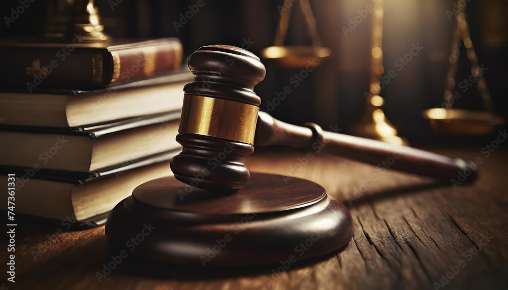 Wooden gavel and books on wooden table, law concept