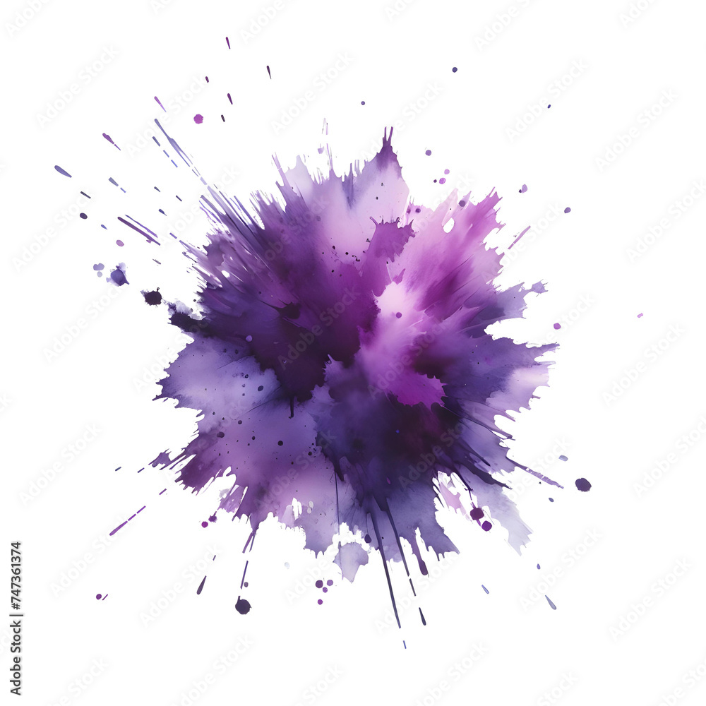 A cloud of purple glitter explodes in the air, casting a soft shadow on a gray background.