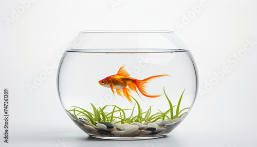 Single goldfish in a spherical fishbowl aquarium. Ball-shaped aquarium fish tank. White background.