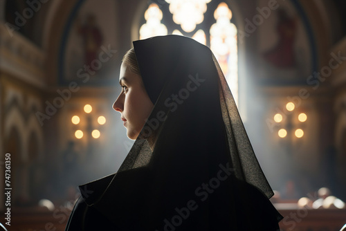 Illustration of a beautiful nun in church created with generative AI