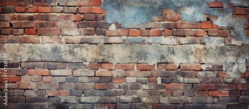 An old brick wall showing signs of weathering and decay, with layers of peeling paint chipping off. The worn-out texture creates a vintage and grunge aesthetic.