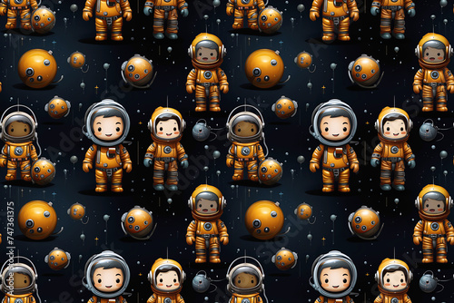 Fototapeta Naklejka Na Ścianę i Meble -  Seamless pattern with cute cartoon characters astronauts in space on black background. Texture for decoration of children fabrics and textiles