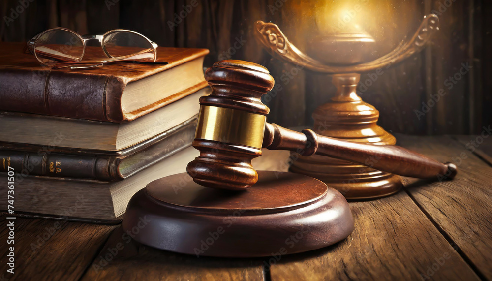 Wooden gavel and books on wooden table, law concept Wooden gavel and books on wooden table, law concept