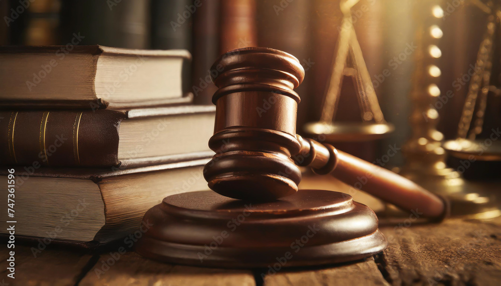Wooden gavel and books on wooden table, law concept Wooden gavel and books on wooden table, law concept