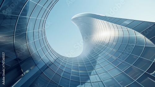 An angle view of futuristic architecture, a skyscraper with curved glass windows in a 3D rendering.