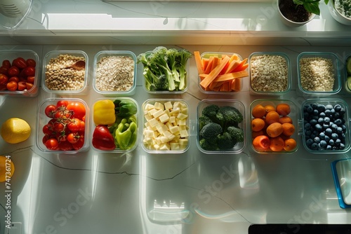 Well-organized meal prep containers filled with a variety of colorful and nutritious food choices for the week photo