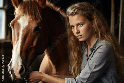 Generative AI portrait of woman doctor veterinarian at farm caring and helping horse animals