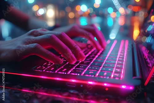  A person's hand typing vigorously on a sleek laptop keyboard under fluorescent office lights at night. 