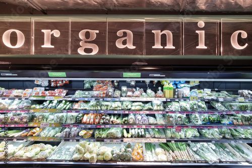 Organic signage or word on supermarket aisle that retails fresh, healthy and pesticide free vegetables and fruits