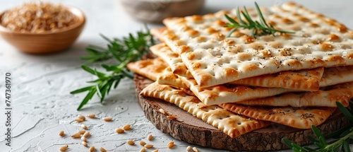 An image of matzos on a white background, with space for text. Passover (Pesach) celebration. photo
