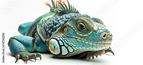 Close-up profile of blue iguana against a white background. Selective focus. Generative AI