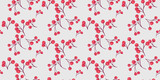 Simple vector hand drawn branches with red shapes berries seamless pattern. Abstract juniper, boxwood, viburnum, barberry illustration print. Collage template for design, textile
