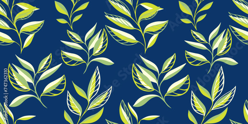 Trendy seamless pattern with tropical, minimalist, stylized green leaves stem. Vector hand drawn sketch. Creative simple leaf branches on a dark blue background print. Collage template for designs