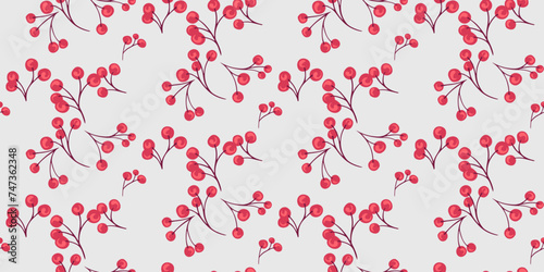 Simple vector hand drawn branches with red shapes berries seamless pattern. Abstract juniper, boxwood, viburnum, barberry illustration print. Collage template for design, textile