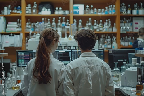  High-tech laboratory filled with beakers, chemicals, and advanced equipment, where female and male scientists diligently work on their computers in laboratory