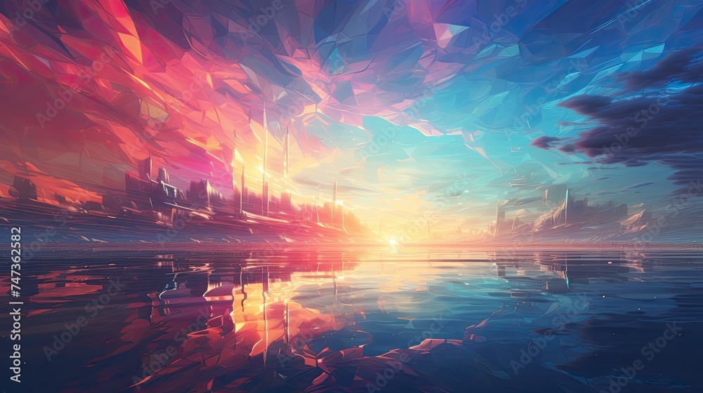 Crystalline shapes reflecting a vibrant sunset