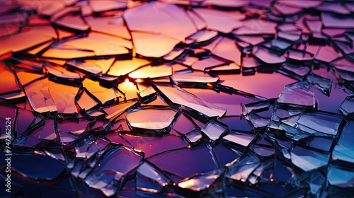 Cracked glass texture overlaying a colorful sunrise #747362524