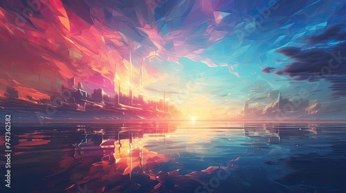 Crystalline shapes reflecting a vibrant sunset