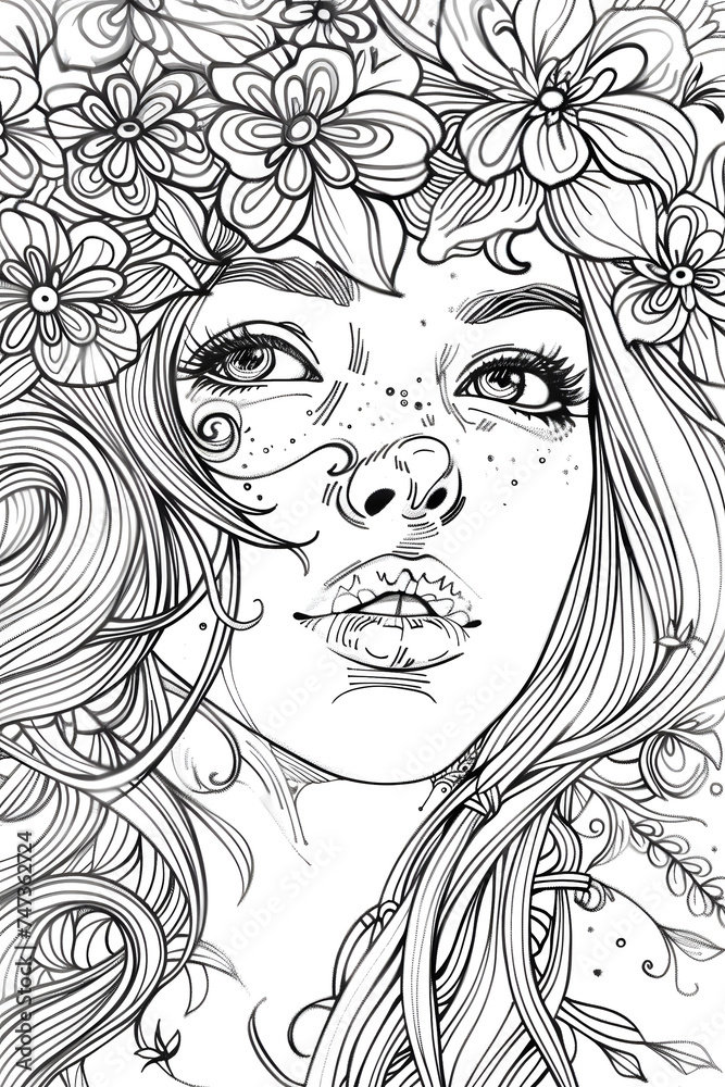 Girl With Flowers in Hair, coloring page