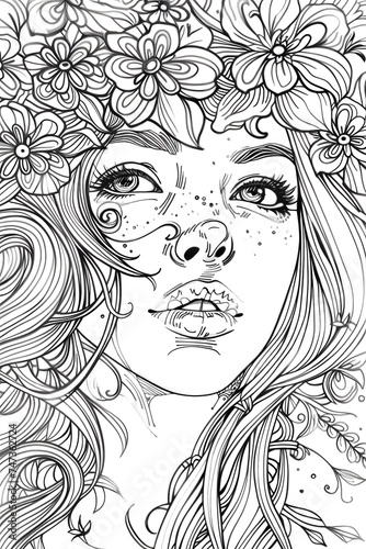 Girl With Flowers in Hair, coloring page