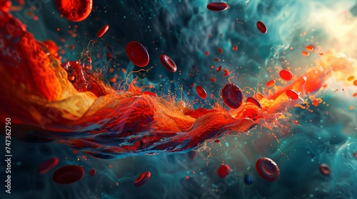 High-resolution image depicting red blood cells flowing through a vivid, dynamic bloodstream, with a focus on cellular details.