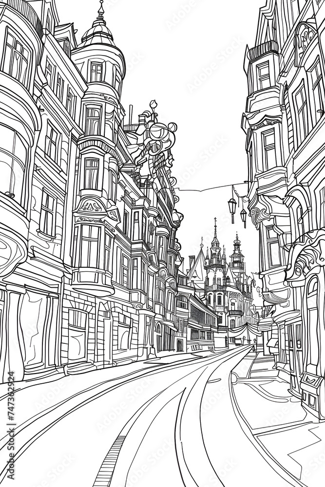 Black and White Drawing of a City Street, coloring page