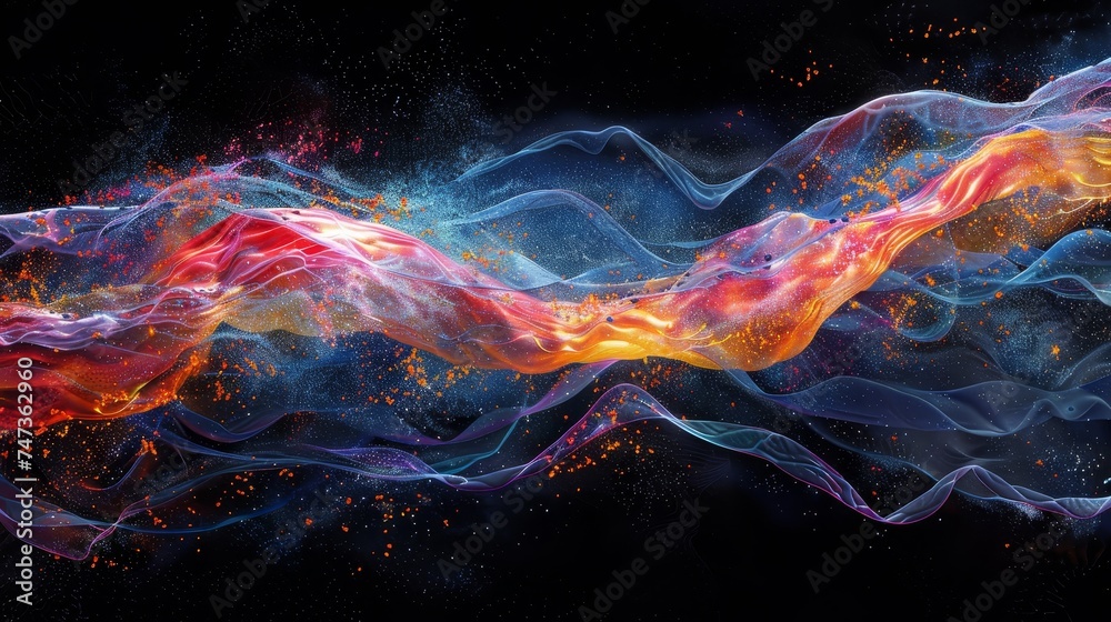 Artistic rendering of synaptic transmission with vibrant waveforms and sparkling particles, evoking a sense of cosmic activity.